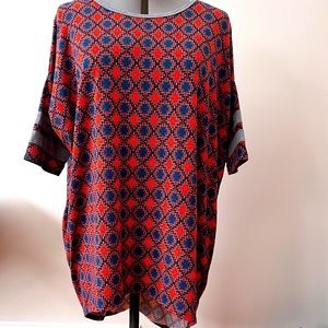 LuLaRoe Medium M Tunic Shirt Tail Back Geometric Design Orange Blue Black
